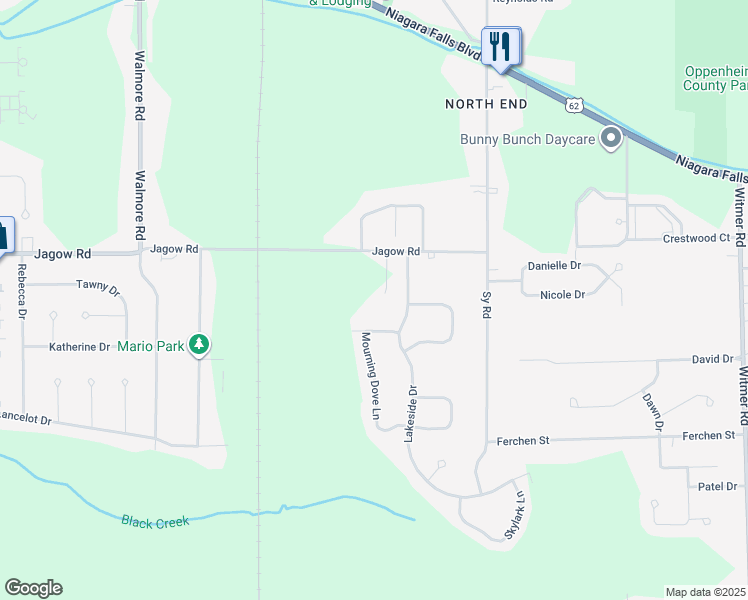map of restaurants, bars, coffee shops, grocery stores, and more near 2420 Jagow Road in Niagara Falls