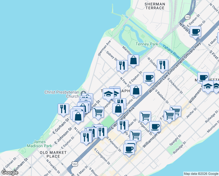 map of restaurants, bars, coffee shops, grocery stores, and more near 315 North Ingersoll Street in Madison