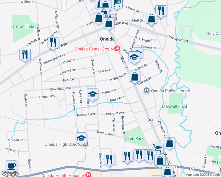 map of restaurants, bars, coffee shops, grocery stores, and more near 226 Bates Avenue in Oneida