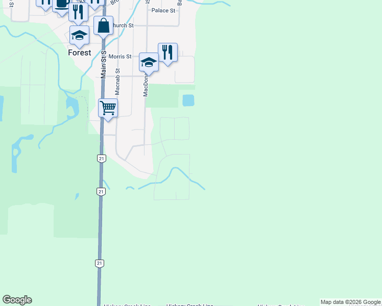 map of restaurants, bars, coffee shops, grocery stores, and more near 126 FRASER Crescent in Forest