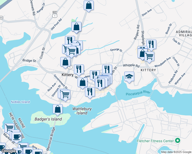 map of restaurants, bars, coffee shops, grocery stores, and more near 23 Jones Avenue in Kittery