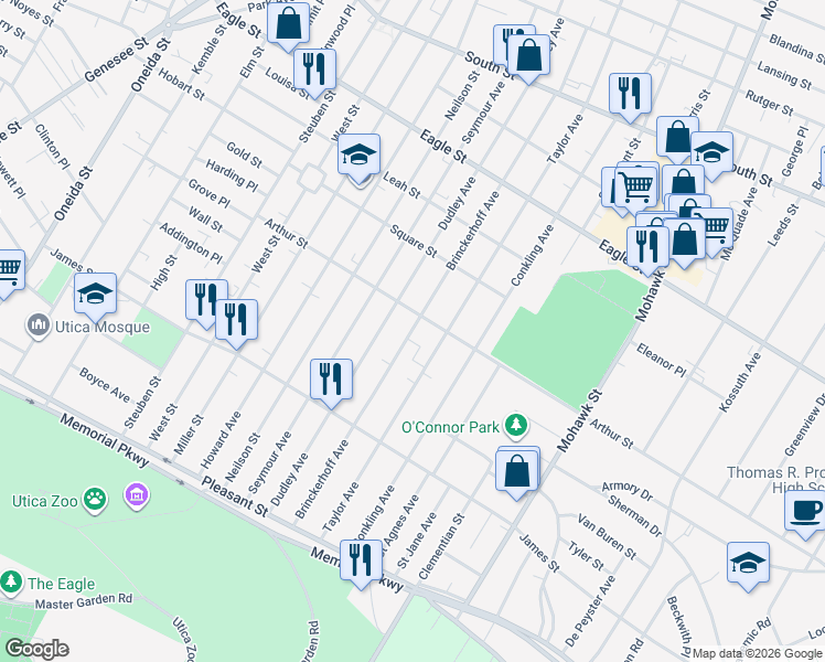 map of restaurants, bars, coffee shops, grocery stores, and more near 1501 Brinckerhoff Avenue in Utica