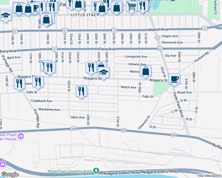 map of restaurants, bars, coffee shops, grocery stores, and more near 2603 Welch Avenue in Niagara Falls