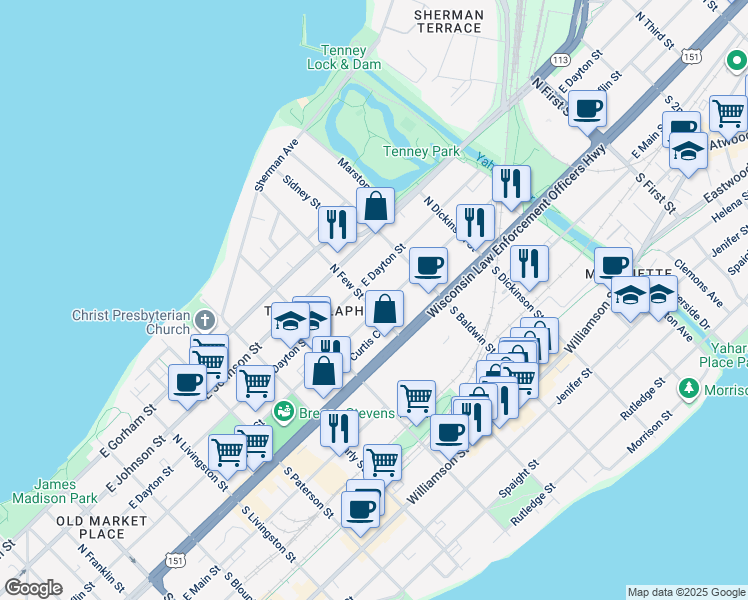 map of restaurants, bars, coffee shops, grocery stores, and more near 1222 East Mifflin Street in Madison