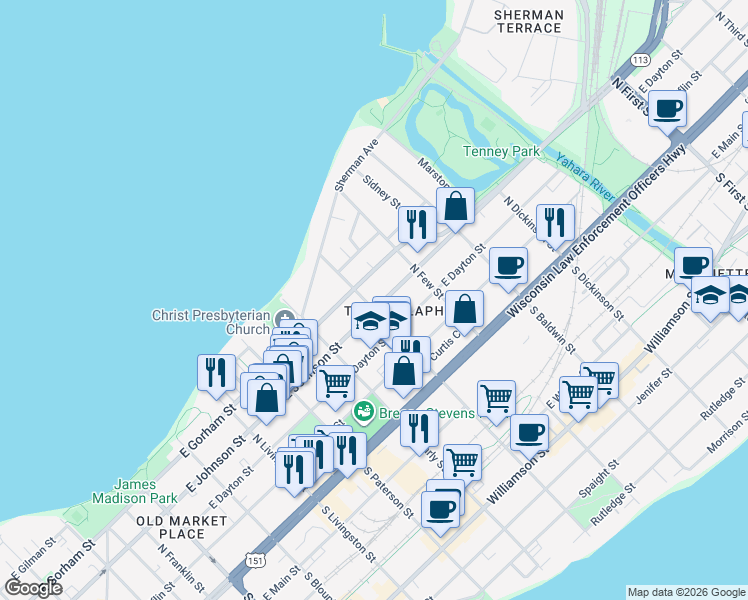 map of restaurants, bars, coffee shops, grocery stores, and more near 315 North Ingersoll Street in Madison