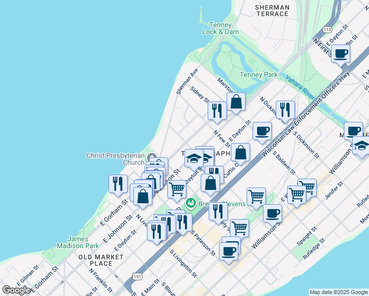 map of restaurants, bars, coffee shops, grocery stores, and more near 315 North Ingersoll Street in Madison