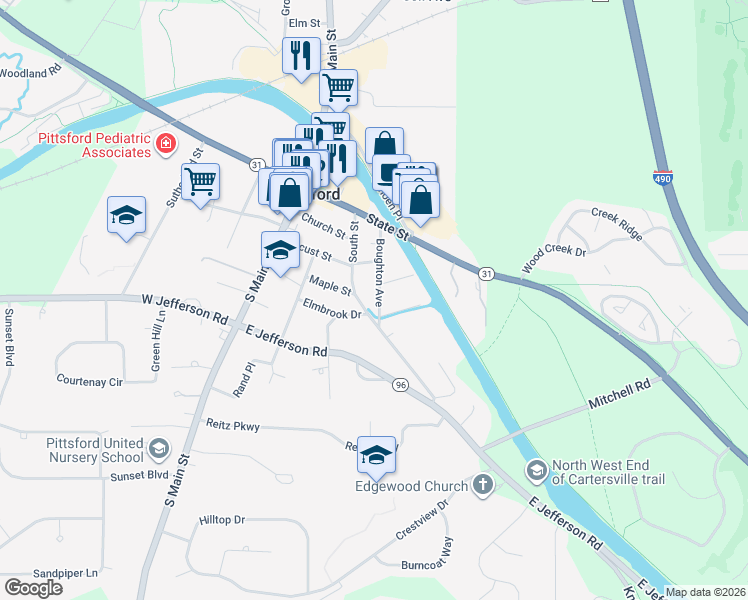 map of restaurants, bars, coffee shops, grocery stores, and more near 27 Boughton Avenue in Pittsford