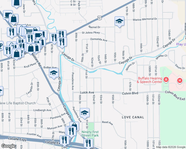 map of restaurants, bars, coffee shops, grocery stores, and more near 9126 Shantz Ave in Niagara Falls