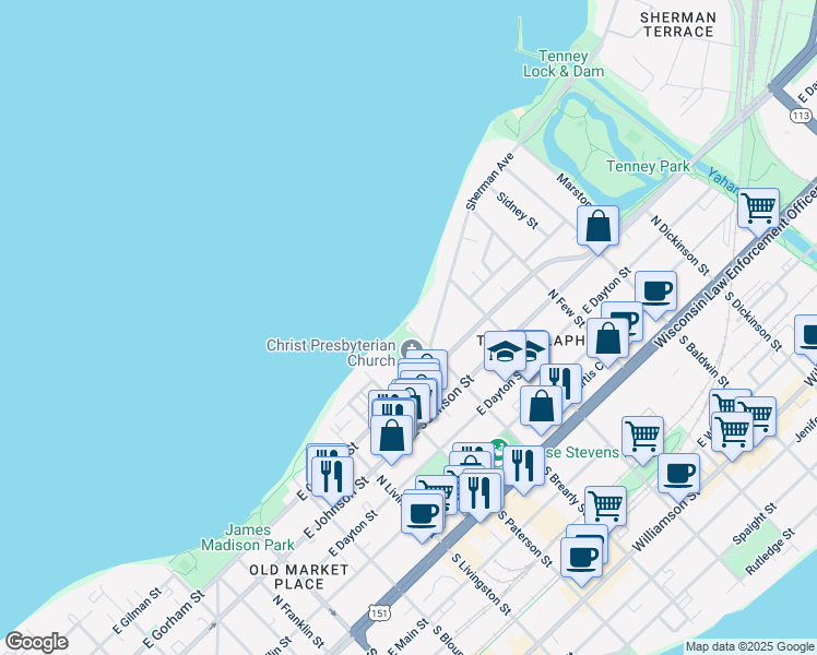 map of restaurants, bars, coffee shops, grocery stores, and more near 598 North Brearly Street in Madison