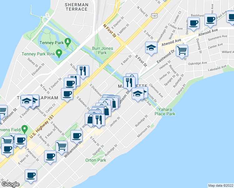 map of restaurants, bars, coffee shops, grocery stores, and more near Capital City Trail in Madison