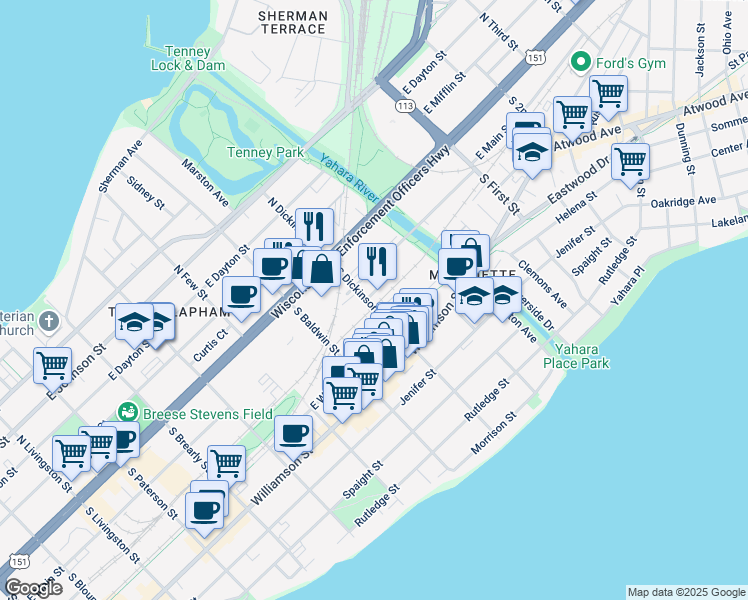 map of restaurants, bars, coffee shops, grocery stores, and more near 1401 Northern Court in Madison