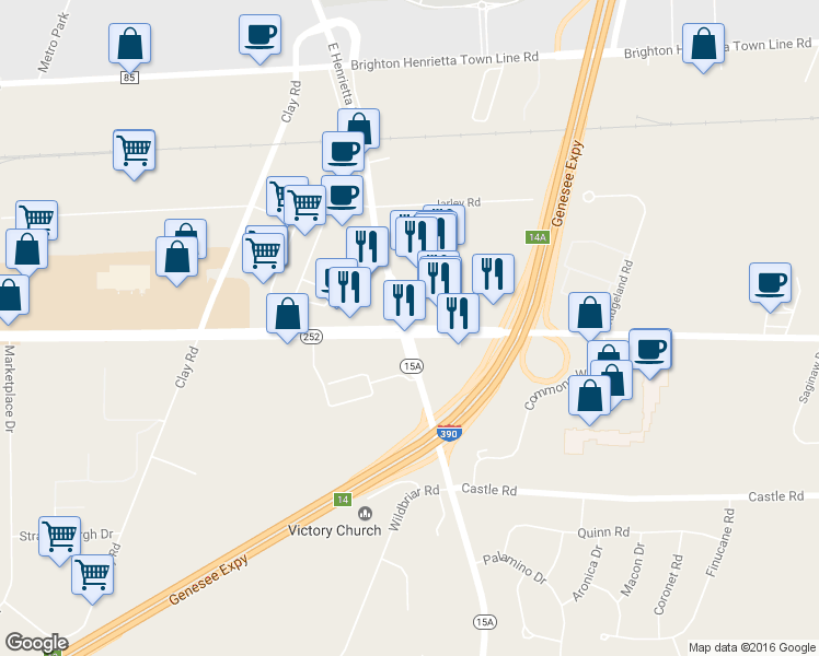 map of restaurants, bars, coffee shops, grocery stores, and more near 1050 Jefferson Road in Rochester