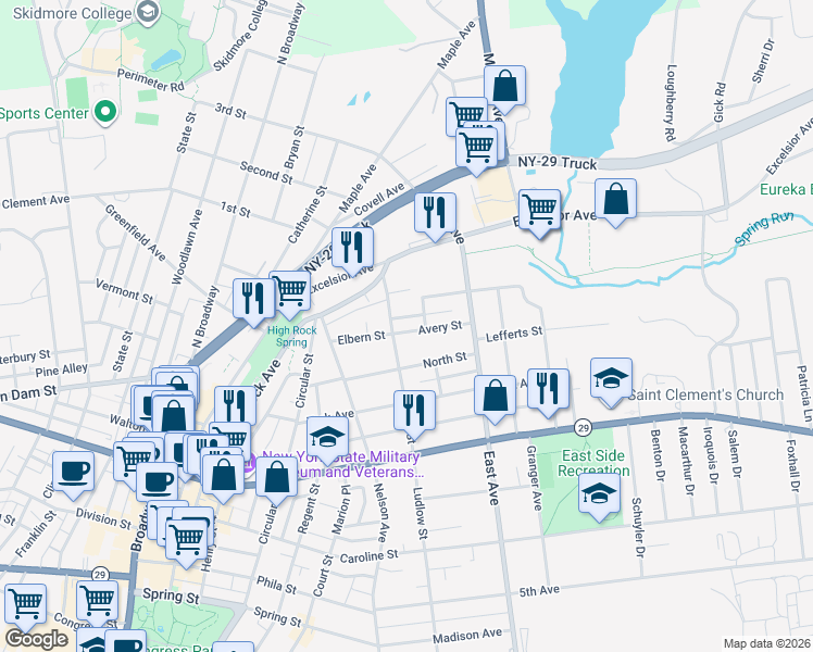 map of restaurants, bars, coffee shops, grocery stores, and more near 5 Avery Street in Saratoga Springs