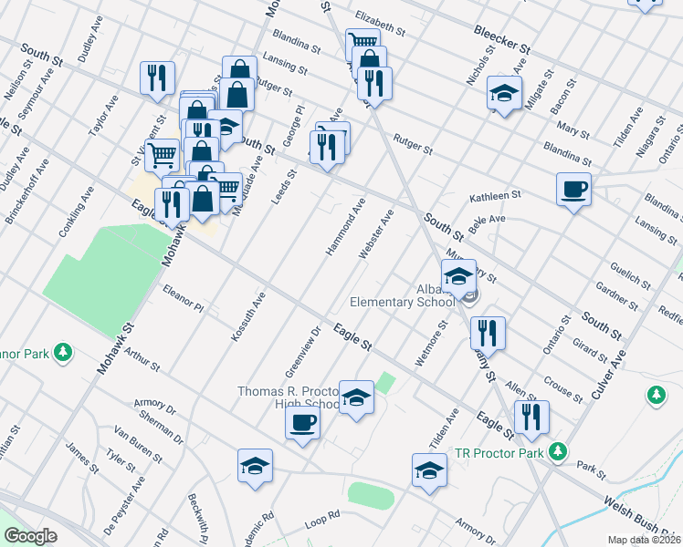 map of restaurants, bars, coffee shops, grocery stores, and more near 1154 Webster Avenue in Utica