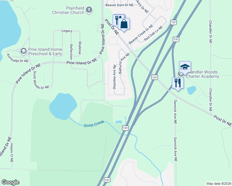 map of restaurants, bars, coffee shops, grocery stores, and more near 1310 West Durwood Court Northeast in Plainfield charter Township