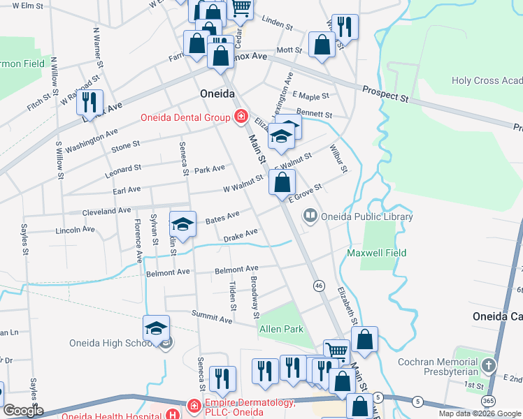 map of restaurants, bars, coffee shops, grocery stores, and more near 124 West Grove Street in Oneida