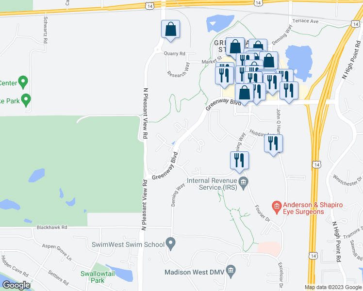 map of restaurants, bars, coffee shops, grocery stores, and more near 8541 Greenway Boulevard in Middleton