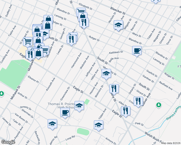 map of restaurants, bars, coffee shops, grocery stores, and more near 1135 Jefferson Avenue in Utica