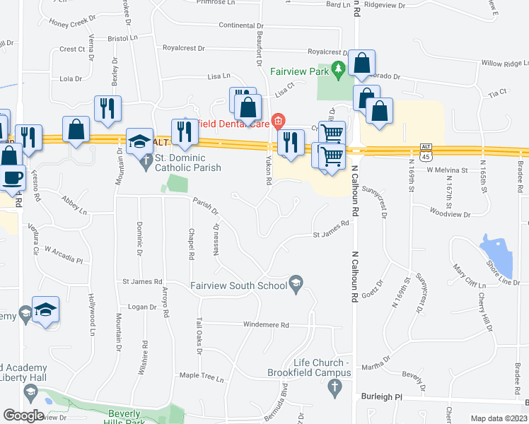 map of restaurants, bars, coffee shops, grocery stores, and more near 3775 Yukon Road in Brookfield