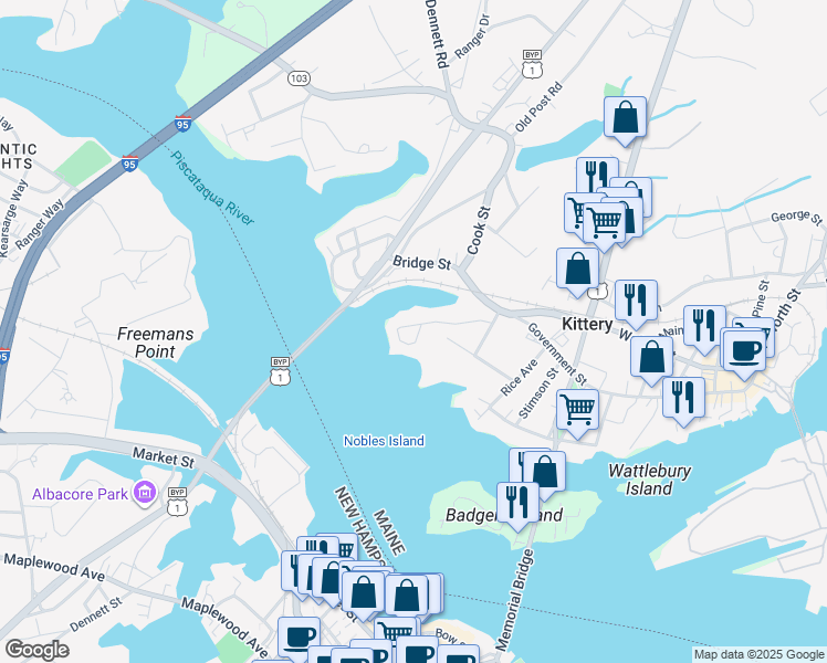 map of restaurants, bars, coffee shops, grocery stores, and more near 17-19 Mendum Avenue in Kittery