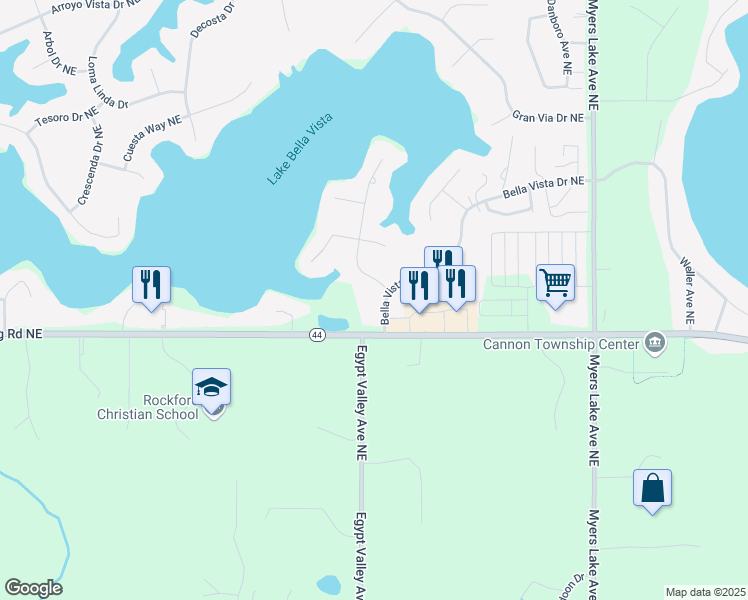 map of restaurants, bars, coffee shops, grocery stores, and more near 6427 Bella Vista Drive Northeast in Rockford