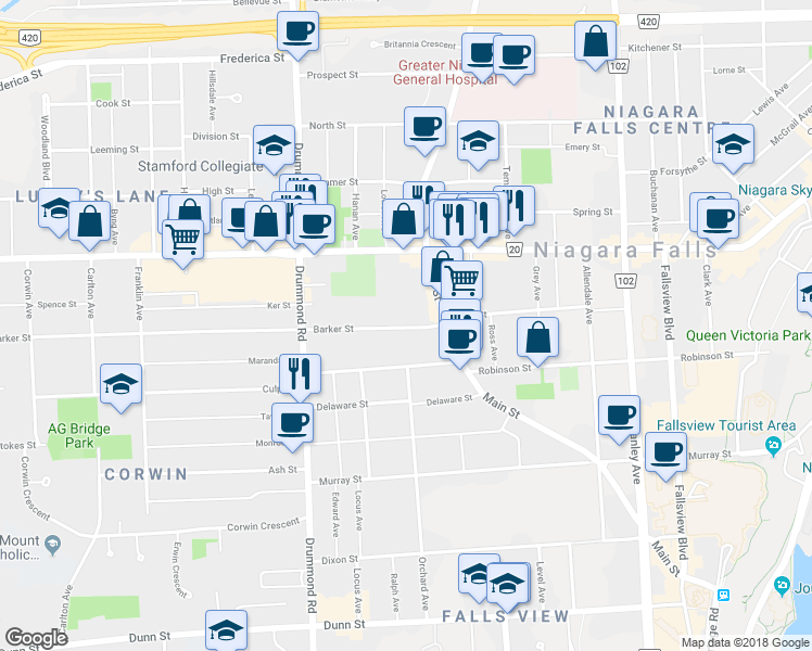 map of restaurants, bars, coffee shops, grocery stores, and more near 5993 Barker Street in Niagara Falls