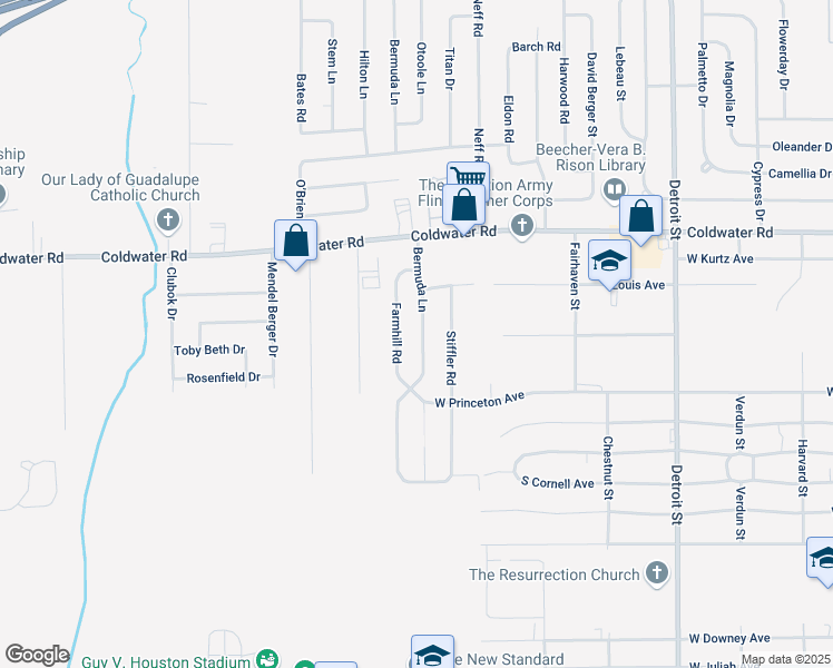 map of restaurants, bars, coffee shops, grocery stores, and more near 5441 Bermuda Lane in Flint