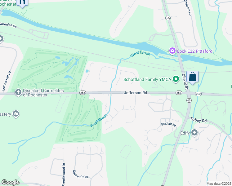 map of restaurants, bars, coffee shops, grocery stores, and more near 2163 Jefferson Road in Pittsford