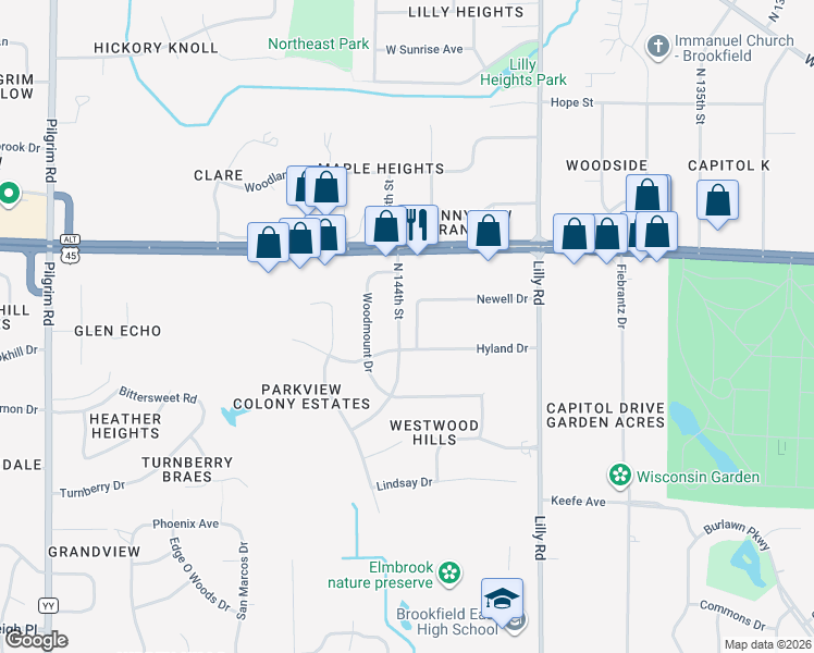 map of restaurants, bars, coffee shops, grocery stores, and more near 3860 N 144th St in Brookfield