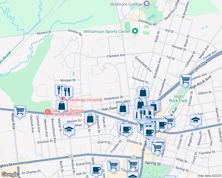 map of restaurants, bars, coffee shops, grocery stores, and more near 26 Russell Street in Saratoga Springs
