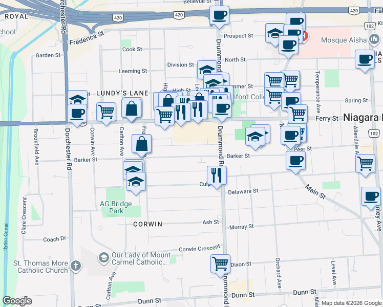 map of restaurants, bars, coffee shops, grocery stores, and more near 6311 Barker Street in Niagara Falls