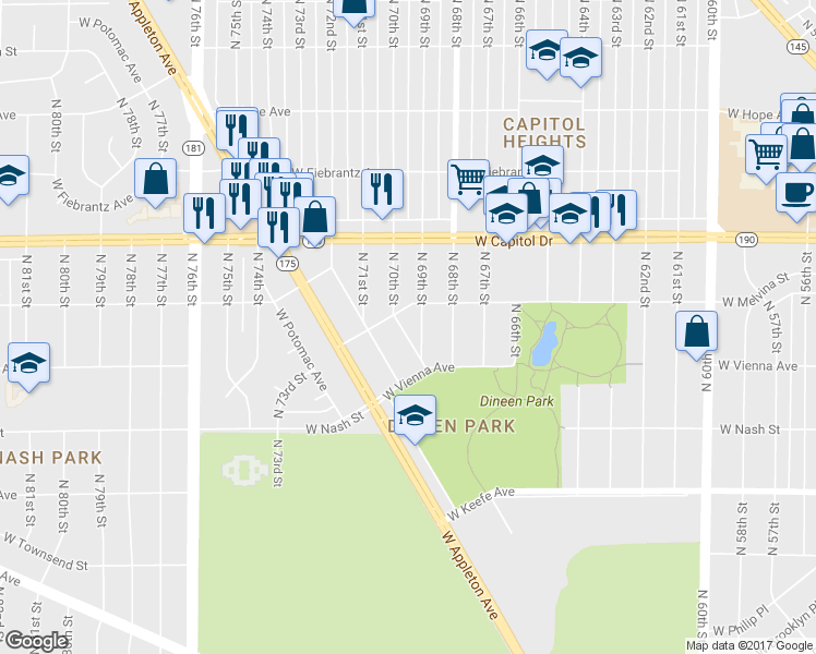 map of restaurants, bars, coffee shops, grocery stores, and more near 3860 North 70th Street in Milwaukee