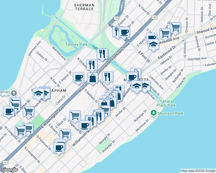 map of restaurants, bars, coffee shops, grocery stores, and more near 1401 Northern Court in Madison