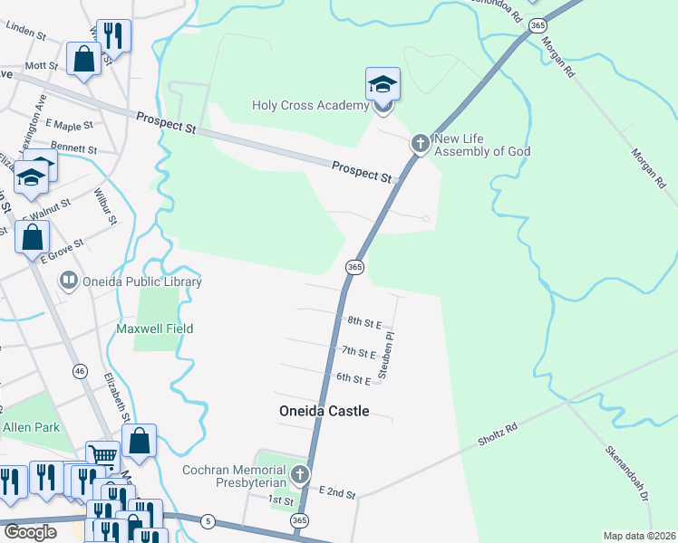 map of restaurants, bars, coffee shops, grocery stores, and more near 4599 New York 365 in Oneida