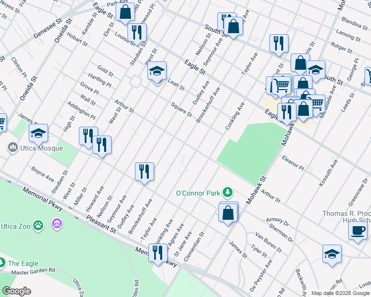 map of restaurants, bars, coffee shops, grocery stores, and more near 1501 Brinckerhoff Ave in Utica