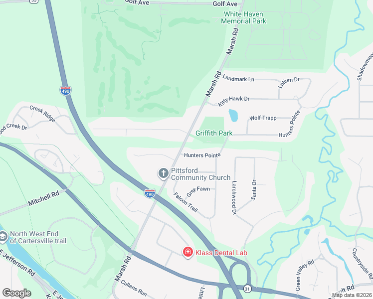 map of restaurants, bars, coffee shops, grocery stores, and more near 2 Hunters Pointe in Pittsford