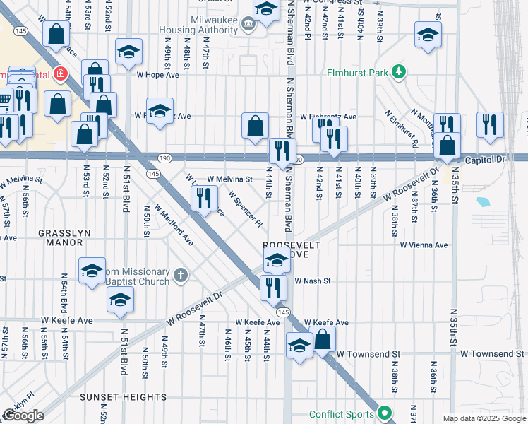 map of restaurants, bars, coffee shops, grocery stores, and more near 3873 North 44th Street in Milwaukee