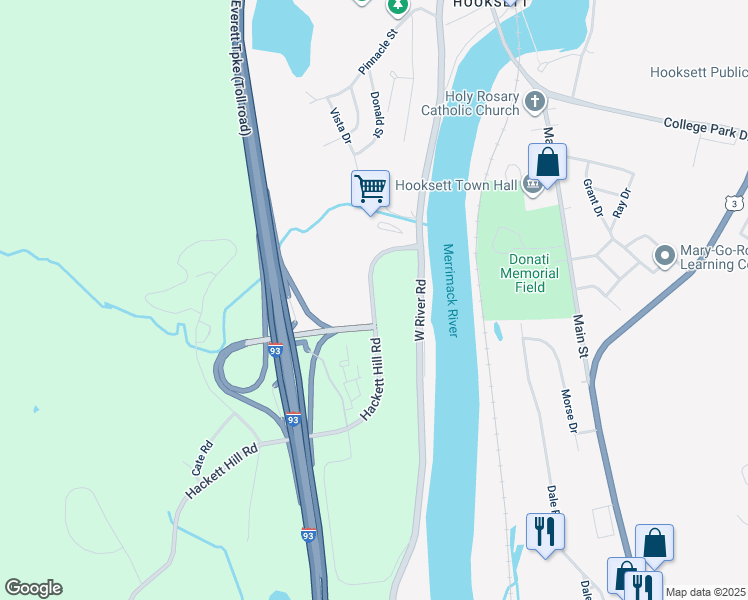 map of restaurants, bars, coffee shops, grocery stores, and more near Hackett Hill Road in Hooksett