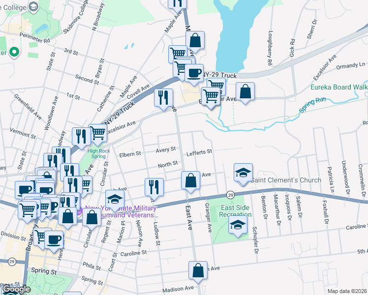 map of restaurants, bars, coffee shops, grocery stores, and more near 37 Pinewood Avenue in Saratoga Springs