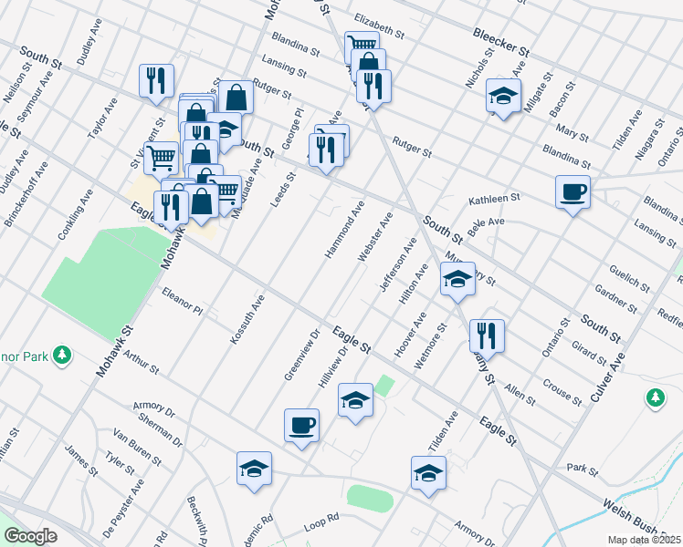 map of restaurants, bars, coffee shops, grocery stores, and more near 1147 Hammond Avenue in Utica