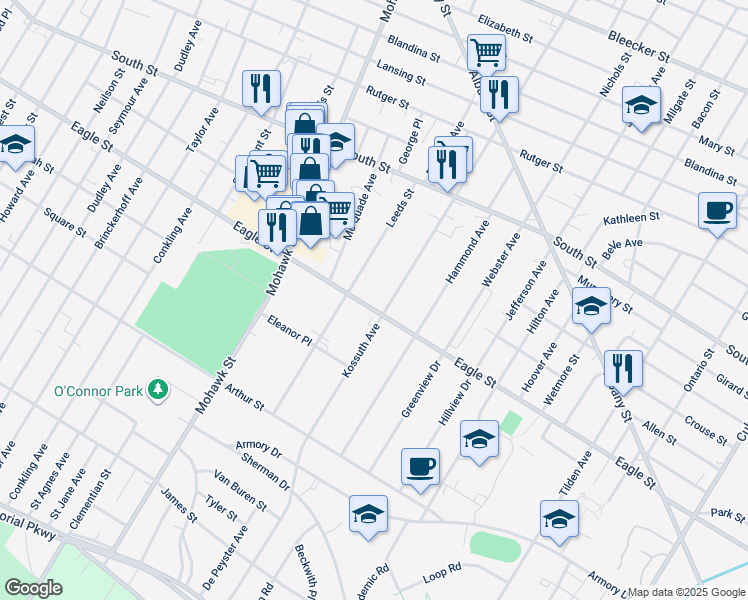map of restaurants, bars, coffee shops, grocery stores, and more near 1176 Kossuth Avenue in Utica