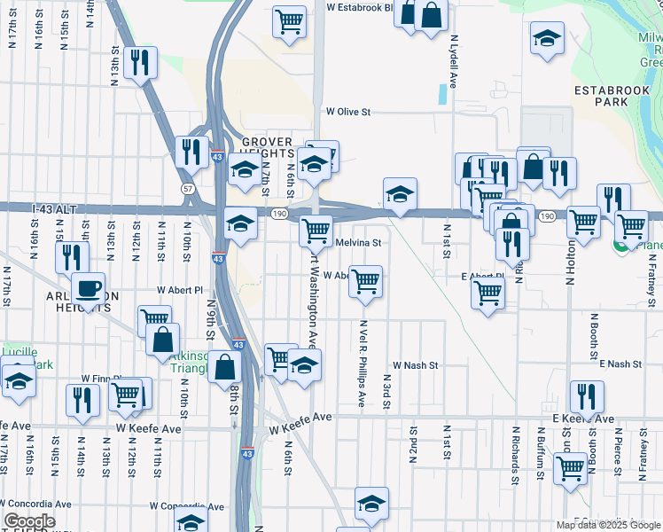 map of restaurants, bars, coffee shops, grocery stores, and more near 3873 North 5th Street in Milwaukee