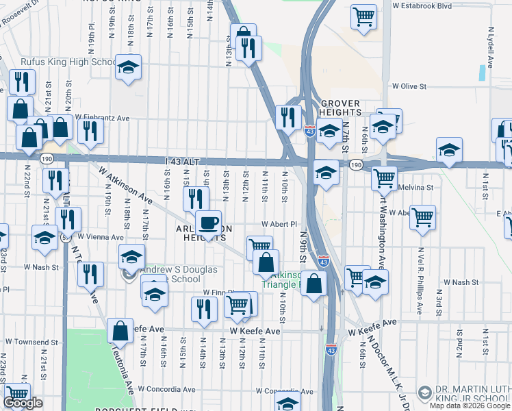 map of restaurants, bars, coffee shops, grocery stores, and more near 3836 North 12th Street in Milwaukee
