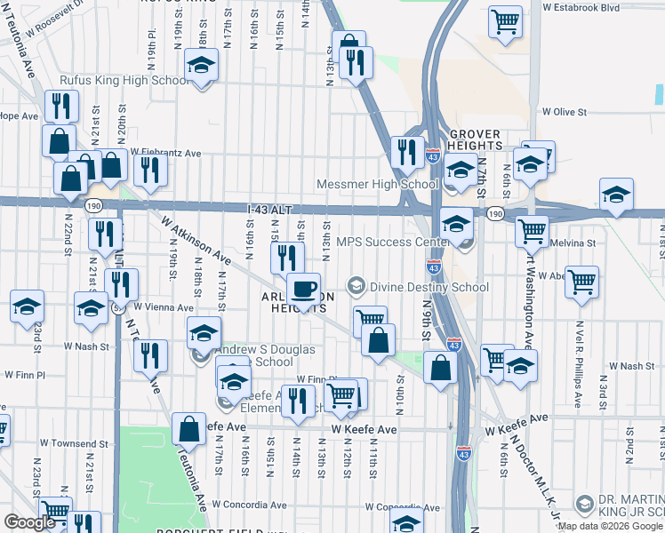 map of restaurants, bars, coffee shops, grocery stores, and more near 3838 North 13th Street in Milwaukee