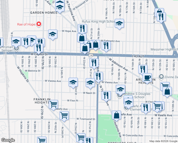 map of restaurants, bars, coffee shops, grocery stores, and more near 3866 North 22nd Street in Milwaukee