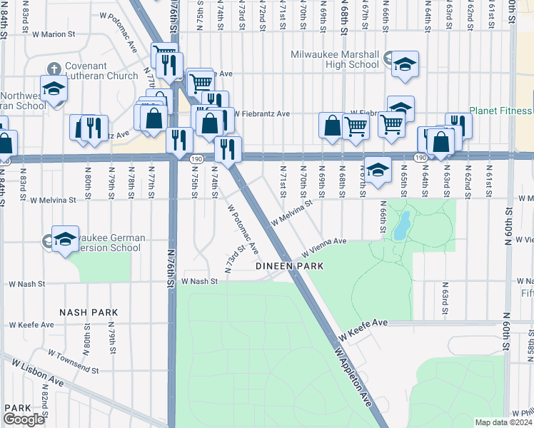 map of restaurants, bars, coffee shops, grocery stores, and more near 7230 West Appleton Avenue in Milwaukee