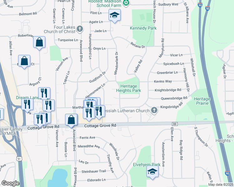map of restaurants, bars, coffee shops, grocery stores, and more near 18 Dorfmeister Court in Madison