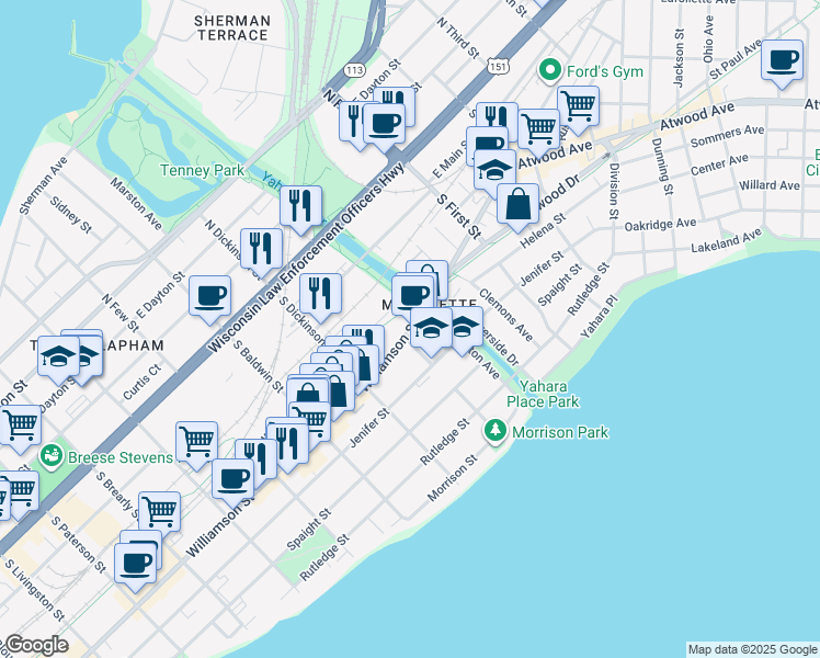 map of restaurants, bars, coffee shops, grocery stores, and more near 1456 Williamson Street in Madison
