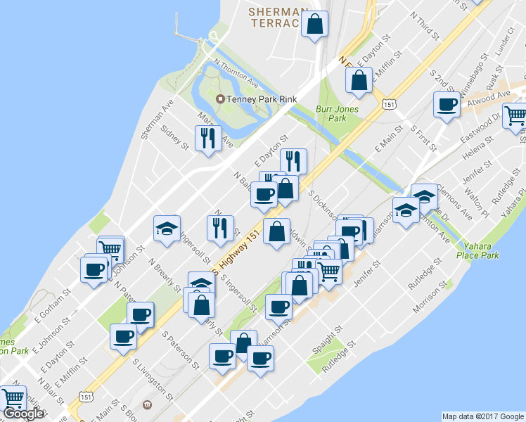 map of restaurants, bars, coffee shops, grocery stores, and more near 20 North Baldwin Street in Madison