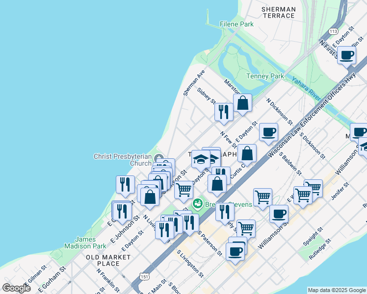 map of restaurants, bars, coffee shops, grocery stores, and more near 1034 East Gorham Street in Madison